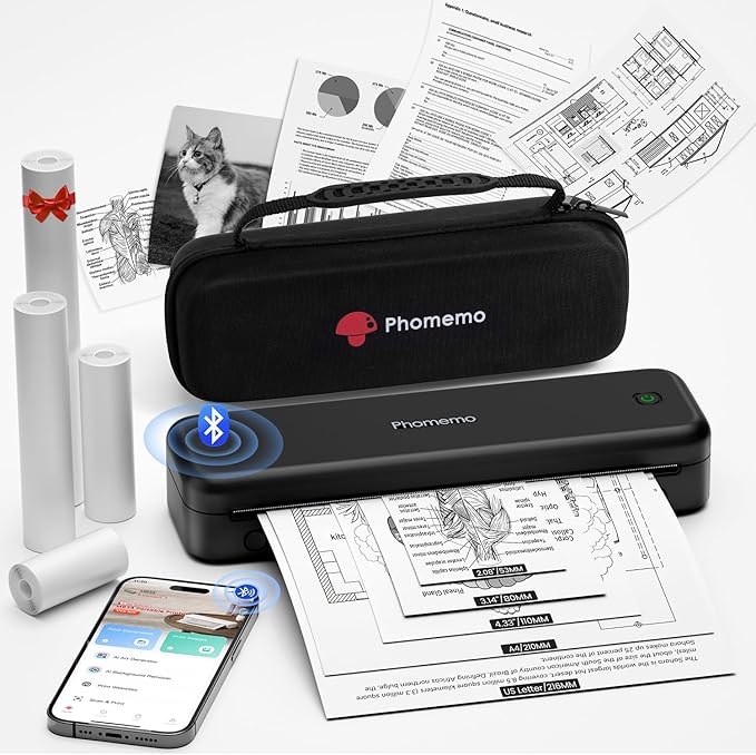 Phomemo Portable Printers Wireless for Travel Upgraded, M834 Bluetooth Thermal Printer 8.5" x 11"& A4 Size,Inkless Mobile Printer with Carry Case for Travel,Office,School,Car,Home,Black