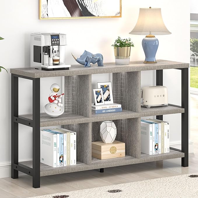 FOLUBAN 6 Cube Storage Organizer with Shelf, Industrial Horizontal Low Cubby Bookcase, Wood and Metal Bookshelf for Living Room Bedroom (Light Grey, 47 Inch)