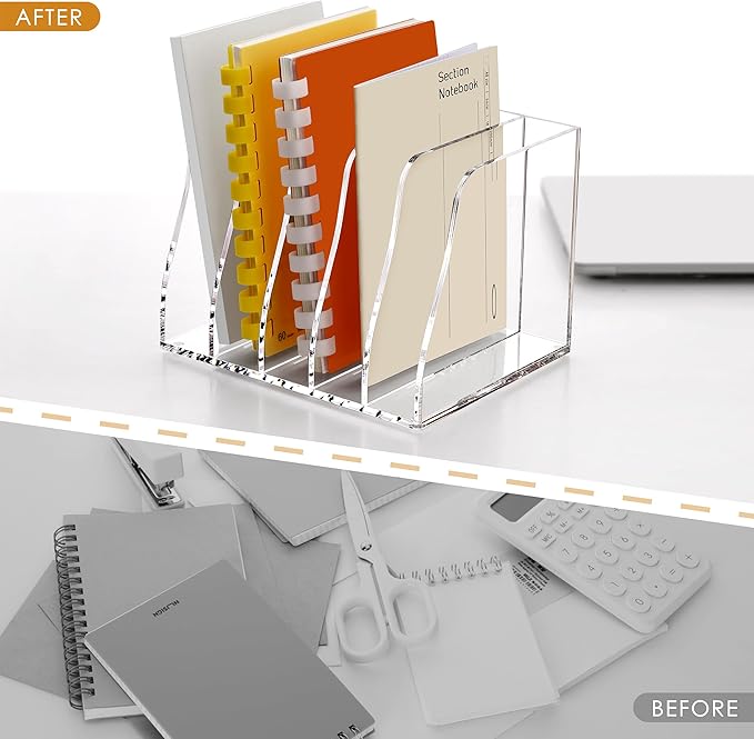 SANRUI Acrylic Desk File Organizer, 5 Vertical Compartments Clear Magazine File Holder Workspace Sorters, Folder Rack for Office Accessories Organization Storage