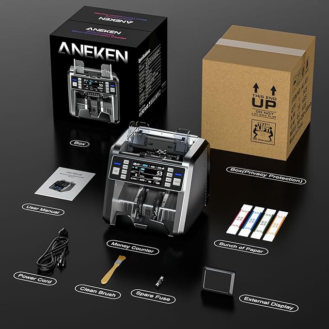 Aneken Mixed Denomination Money Counter with Counterfeit Detection, Touch Screen, and 2CIS/UV/MG/IR/DD/DBL/HLF/CHN, Value and Mixed Counting for Accurate Cash Counting