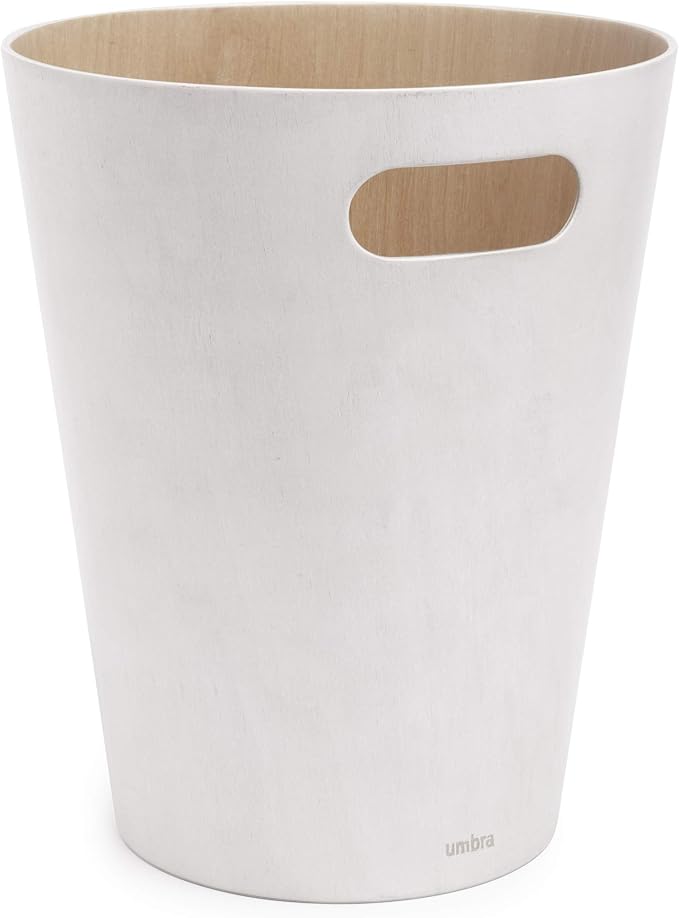 Umbra Woodrow, 2 Gallon Modern Wooden Trash Can Wastebasket or Recycling Bin for Home or Office, White