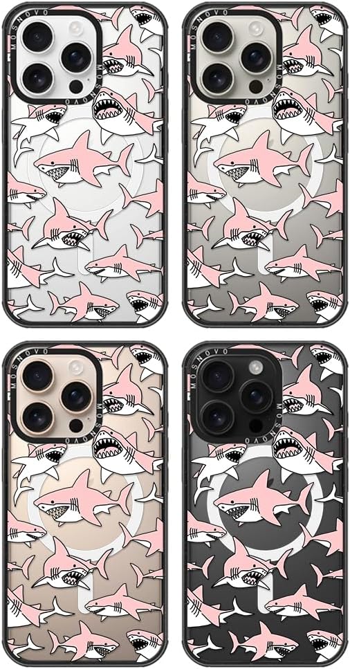 MOSNOVO Magnetic Case for iPhone 16 Pro, 10ft Military-Grade Protection, Compatible with Magsafe, Shockproof Phone Case for iPhone 16 Pro - Pink Sharks - Clear Black