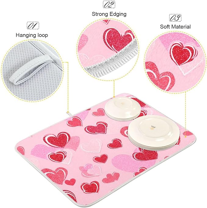Happy Valentines Day Hearts Dish Drying Mat 16 X 18 Inch Stars Romantic Red Pink Glitter Love Heart Dry Dishes Pads Drainer Mats Tableware Protector for Home Kitchen Countertops Counter Decorations