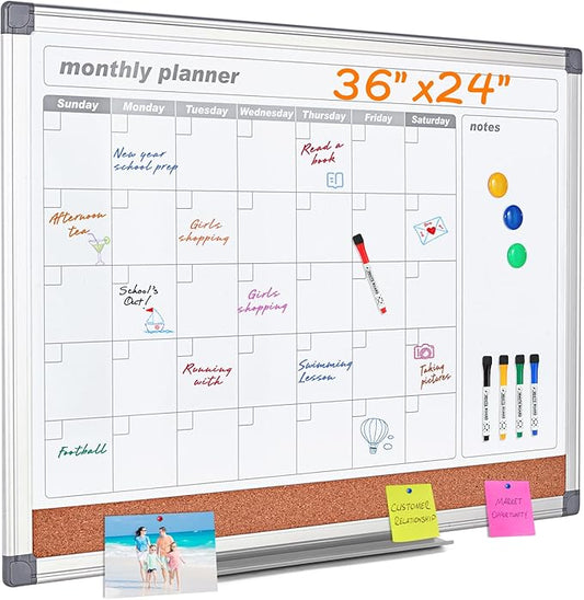 MAKELLO Dry Erase Calendar for Wall 36x24 in, Large Calendar Whiteboard with Cork Board for Office, Home, School, Family, Kitchen and Bedroom, 3' x 2'