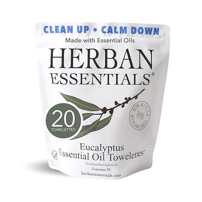 Herban Essentials - Eucalyptus Wipes & Towelettes - Essential Oil Wipes for Hands & Body - Travel Size Essentials and Toiletries - Natural, Individually Wrapped, Disposable & Moist Refresh (20 count)