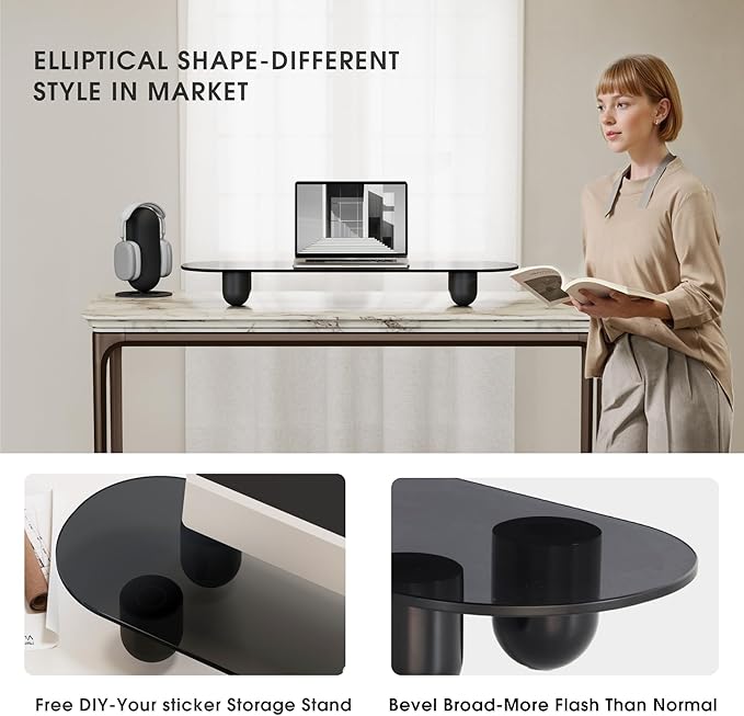 Fenge Monitor Stand Riser, 34 Inch Dual Monitor Riser for Large Monitors, Desk Organizer with Glass Shelf & Solid Wood Legs, Computer Stand for Laptop, TV, PC, Printer, Black