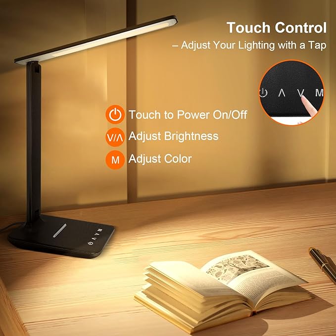 shinelife LED Desk Lamp for Office Home, Bright Desk Light with USB Charging Port, Adjustable Dimmable Desk Lamps 5 Modes 5 Brightness, Touch Study Lamp for Nail, Craft, Puzzle, Sewing, Study, Black