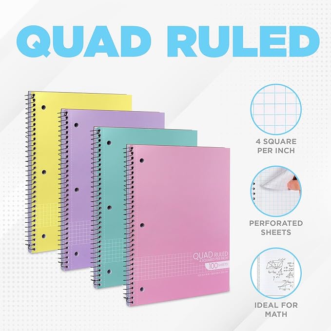 Manaloom Graph Paper Notebook Bright Colors, Quad Ruled Grid spiral Notebooks, 10.5 x 8 in, 100 Sheets, Perforated – Math, STEM, Class Notes, School & College Use – Assorted Colors, 4 Pack