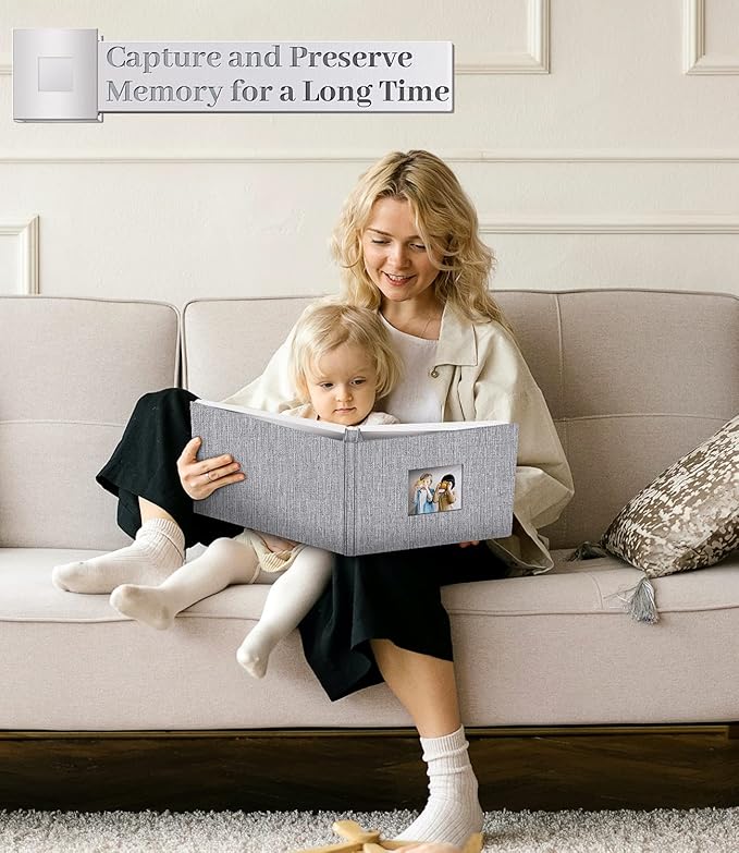 Photo Album Self Adhesive Scrapbook Album for 3x5 4x6 5x7 8x10 Pictures,60 Pages Linen Cover with Display Window DIY Photo Book,Ideal Gifts for Family Travel Wedding Baby