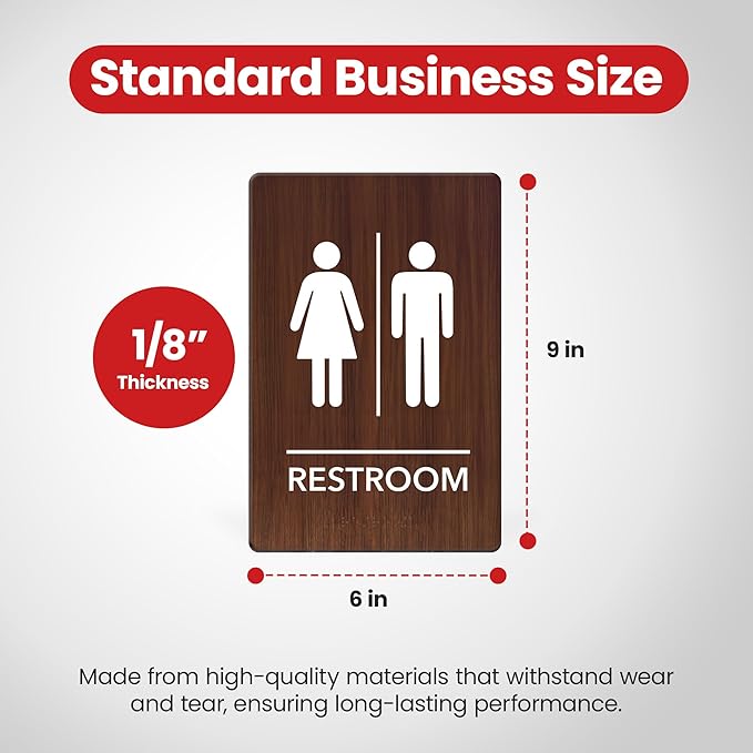 Promot Unisex Bathroom Sign – ADA Braille Restroom Sign for Business, Self-Adhesive, 9" x 6", Commercial Door Signage, Office Wall Decor - Walnut