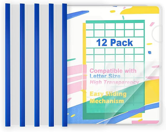 TOTiyea 12 Pack Clear Report Covers with Sliding Bars, 9mm (70 Sheet Capacity) Blue Sliding Bar File Folders, for Letter Size