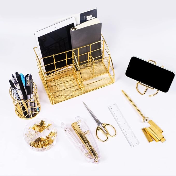 Gold Desk Organizers and Accessories Office Supplies Set Stapler, Pen Holder, Phone Holder, Scissors, Pen, Ruler, 30 Paper Clips, 22 Binder Clip, 20 Tacks and 1000pcs Staples (Gold)