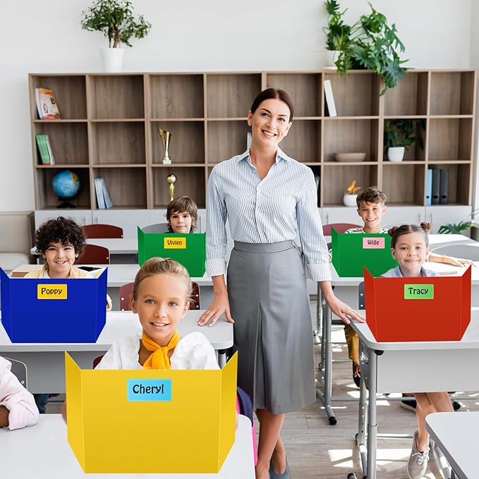 24 Pack Colorful Privacy Floders for Student Desks - Durable Plastic Erasable - Testing Dividers for Classroom - Easy Clean Privacy Shields for Student Testing Desk dividers- Includes Extra Labels