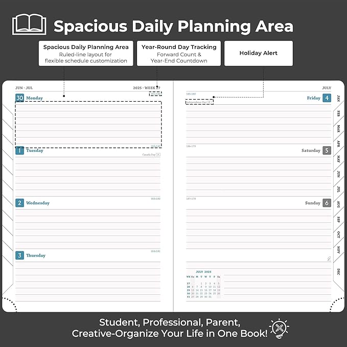 Planner 2025-2026 Daily Weekly and Monthly,8.5"x6.5",18 Months Spiral Bound Calendar Agenda with Self-adhesive Pen Holder,2026 Academic Plan with Vegan Leather Soft Cover,Black