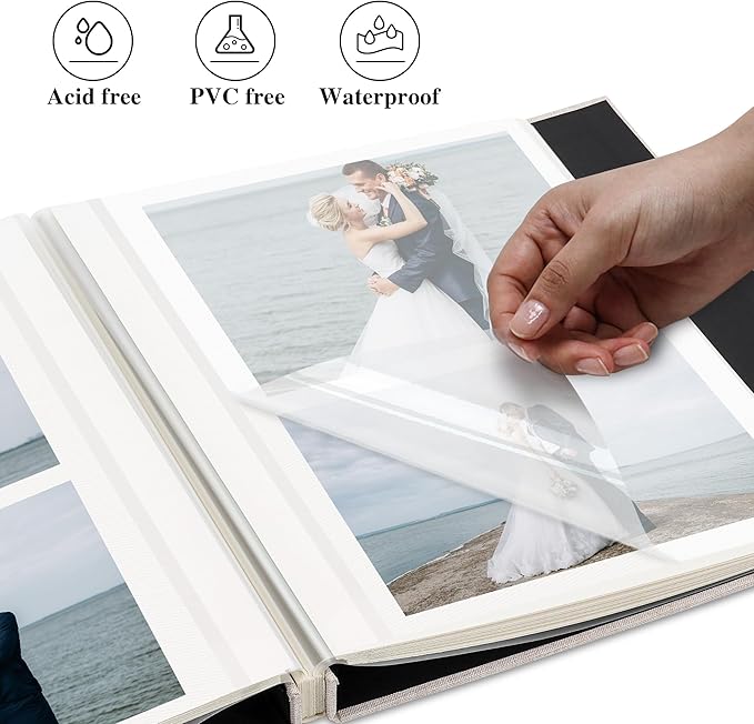 Self Adhesive Photo Album, Beige Scrapbook Album with DIY 60 Blank Pages, Wedding Photo Album with A Metallic Pen for 4x6 5x7 2x3 Pictures,12.9"x13.4"