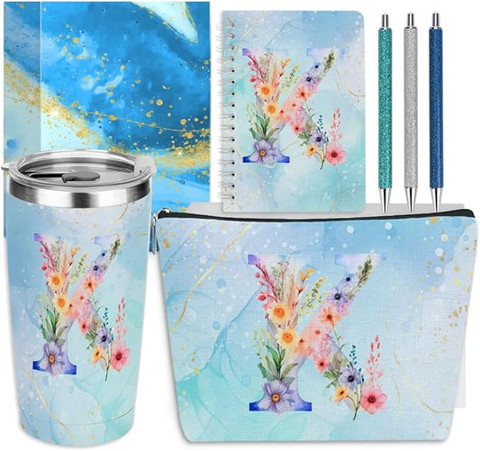 Personalized Gifts Monogrammed Birthday Gifts for Women, Soul Sister Bachelorette Party Wedding Christmas Initial 20 oz Tumbler, Makeup Bag Cup Pens Journal Notebook 6 Set, (Aesthetic Blue Flower K)