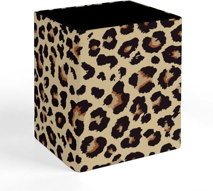 Square Pen Holder & Pencil Organizer for Desk - Office Storage Organizer, Markers/Makeup Brushes/Scissors Holder, Compact Desk Decor Accessories for Home Classroom School(Leopard grain)