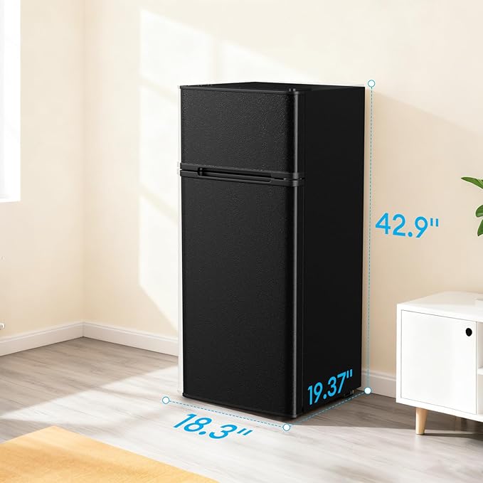 TABU 4.5 Cu.Ft Refrigerator with Top Freezer, Compact Double Door Fridge with Adjustable Thermostat & Removable Shelves, for Home, Office and Apartment, Black