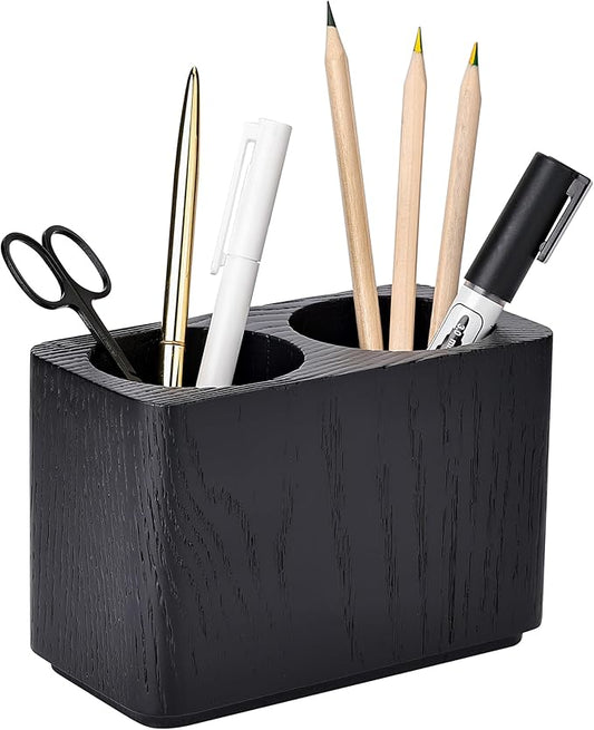 Oak Solid Wood Pen &Pencil Holder for Desk, Office Stationery Organizer, Table Pencil Cup Stand,Desk Accessories Holder, Two Cups Practical Design. (Char Black)