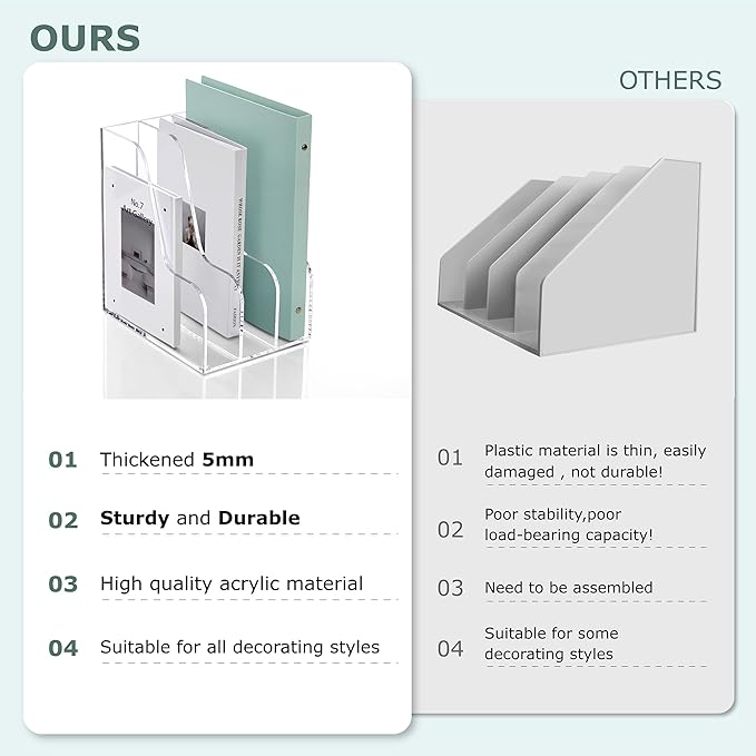 SANRUI Acrylic Magazine File Holder for Desk Organizers, Clear 3 Vertical Compartments A4 Folder Binder Holders Sorter, Desktop Workspace Organization Storage Racks for Office Home School