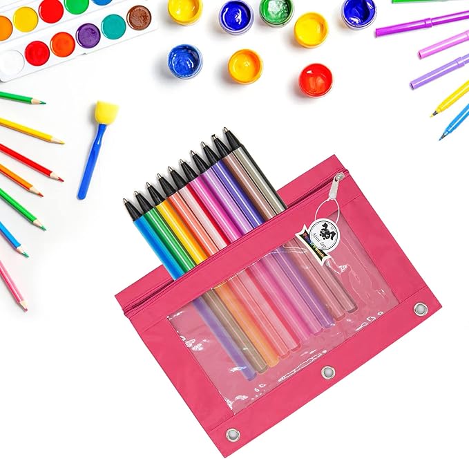 3 Ring Binder Pencil Pouches, Pencil Pouch for 3 Ring Binder, Zippered Clear Window Pencil Case for Binder with Rivet Enforced Hole 3 Ring, 5 Packs