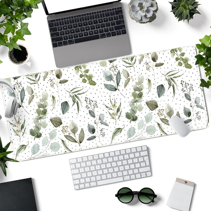 Green Mouse Pad Boho Desk Mat,Speckled Textured Greens Cool Aesthetical Mouse Pad Desk Accessories for Women Office Decor Mousepad Keyboard Pad, Non-Slip Rubber Base with Stitched Edges 31.5x11.8In
