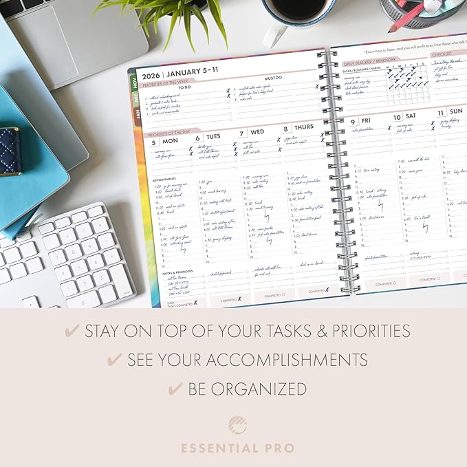 Essential PRO 2026 Daily, Weekly & Monthly Planner, 8.5"x11": 14 Months (Nov 2025 - Dec 2026) Monthly Tabs,Daily Tracking,Notes Pages,Storage Pocket,Bookmark w Sticky Notes (Rainbow Petals)