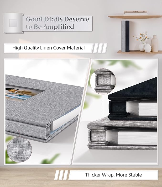 Photo Album Self Adhesive Scrapbook Album for 3x5 4x6 5x7 8x10 Pictures,60 Pages Linen Cover with Display Window DIY Photo Book,Ideal Gifts for Family Travel Wedding Baby