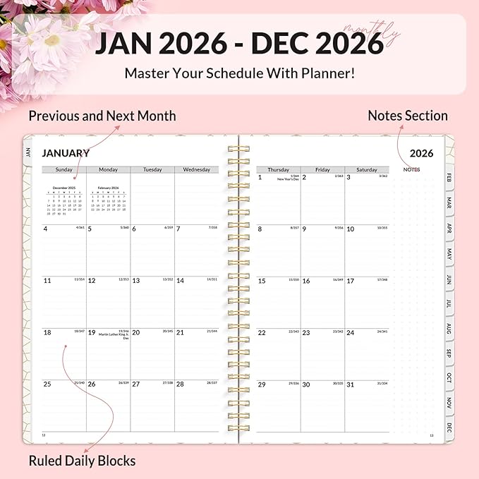 SUNEE Planner 2026 Weekly and Monthly, January 2026-December 2026, 6.4"x8.3", Tabs, Note Pages,Spiral Binding, Colorful Flowers