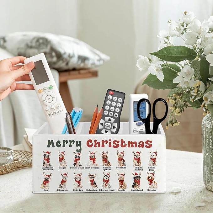 Merry Christmas Dog Pen Pencil Holder Organizer for Desk Accessories, Dog Lover Owner Gifts, Christmas Santa Dogs Chart Wooden Box Signs Decorations for Home Office Desk Tabletop
