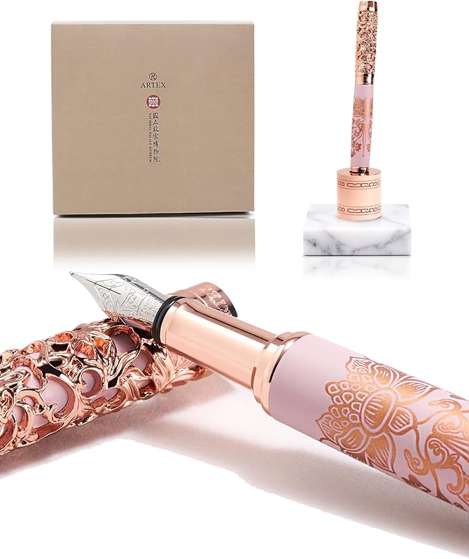 Luxury Fountain Pen Set With Stand - Museum Art Collections - Crafting Timeless Beauty - the Best Gift & Office Desk Decor, German SCHMIDT Fine Nib, Solid Metal & Marble Texture