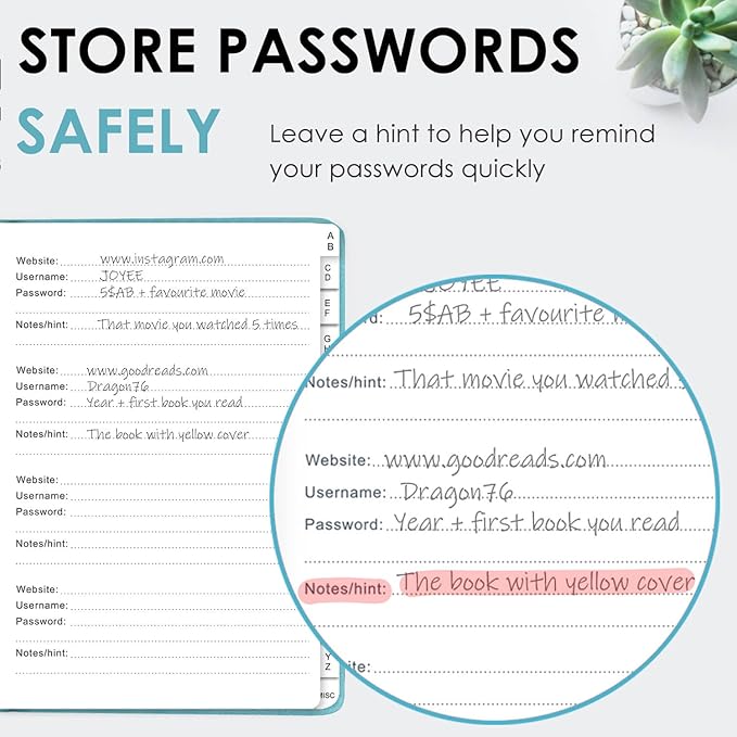 Elegant Password Book with Alphabetical Tabs - Hardcover Password Book for Internet Website Address Login - 7" x 10" Password Keeper and Organizer w/Notes Section & Back Pocket (Turquoise)