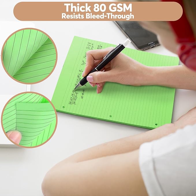 Colored Notebook Paper – 8.5 x 11, 150 Sheets – Thick 80 gsm College Ruled Colorful Loose Leaf Filler Paper – 3-Hole Punched Binder Papers for School, Office, and Journaling (Bright)