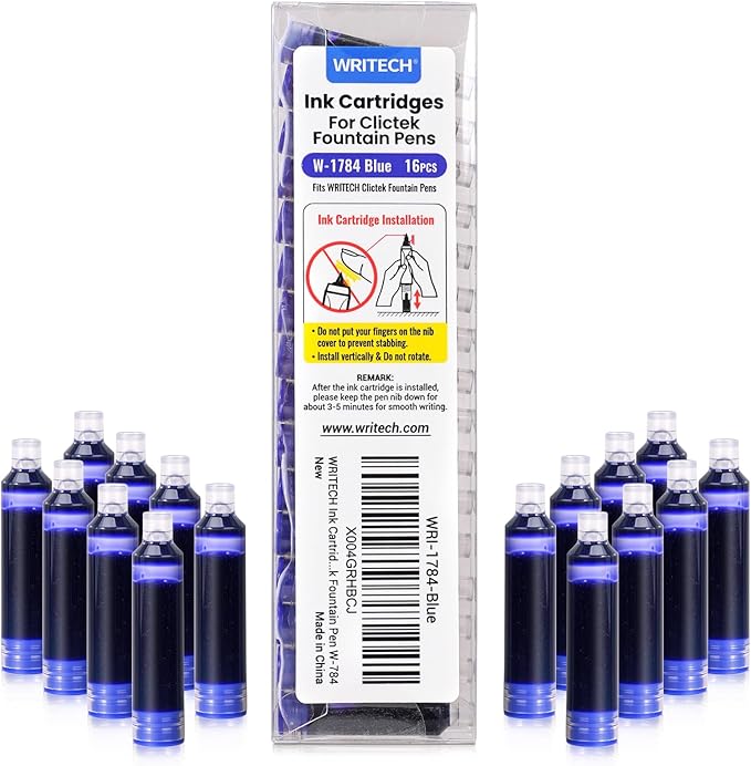WRITECH Blue Ink Cartridge Set: 16 Ink Cartridges Clictek Fountain Pens