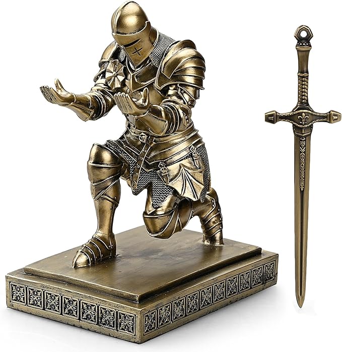 Medieval Armored Warrior Knight Pen Holder Desk Organizers and Accessories Resin Pencil Holder Paperweight as Gift with a Cool Letter Opener for Desk (Bronze)