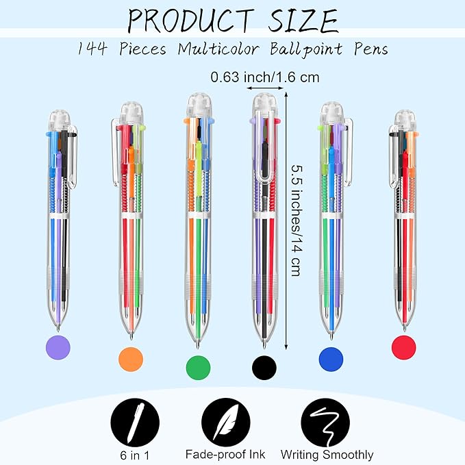 Aodaer 144 Pieces Multicolor Ballpoint Pens 0.5 mm 6 Colors Transparent Barrel Ballpoint Pen 6-in-1 Multicolor Retractable Ballpoint Pens for Office School Supplies Gifts