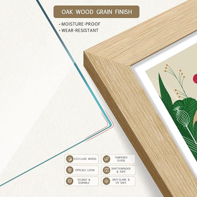 9x12 Frame Set of 3 - Natural Oak, 9 x 12 Wood Picture Frame, HD Tempered Glass, Table or Wall Display