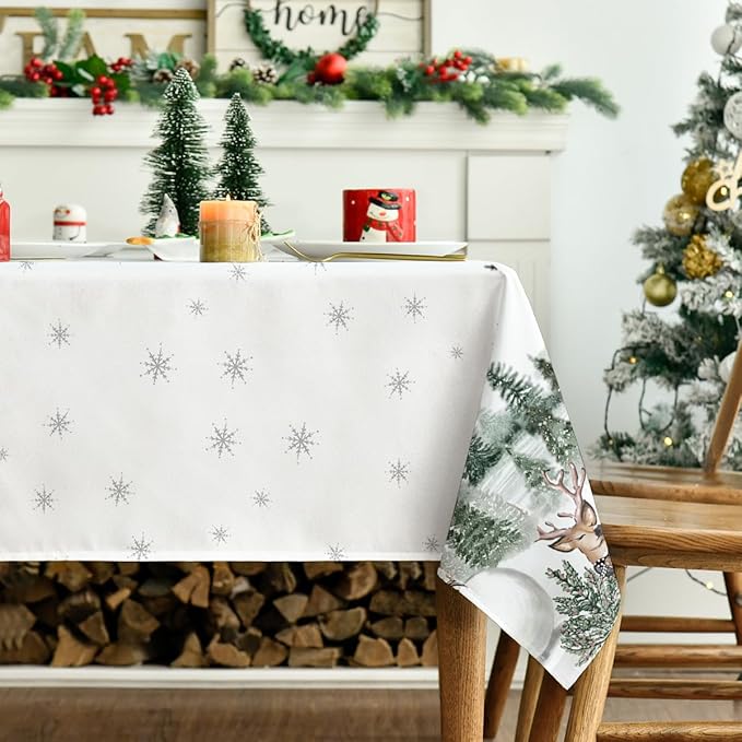 Horaldaily Christmas Tablecloth 60×140 Inch Rectangular, Deers Snowman Trees White Washable Table Cover for Party Picnic Dinner Decor