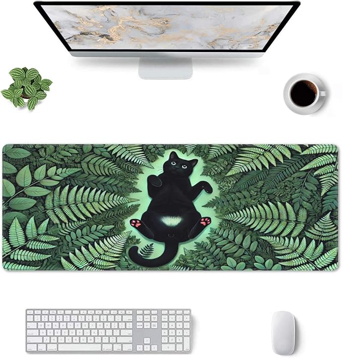 Green Plant Cat Desk Mat Large Gaming Mouse Pad Green Plant Cat Extended Mousepad Big in Laptop Computer Mouse Keyboard Mat for Office Desk Decor 31.5x12 in