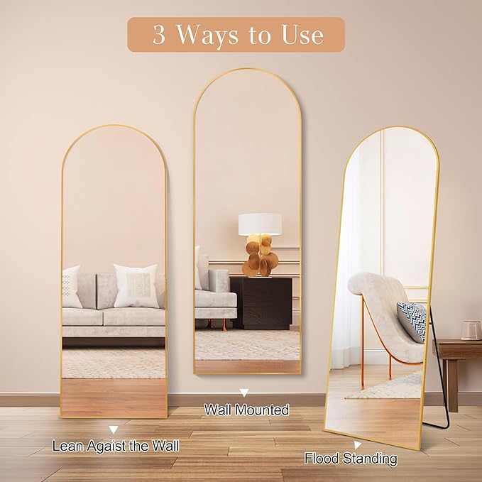 64"x21" Arched Full Length Mirror, Elegant Full Body Mirror with Stand for Bedroom & Cloakroom, Gold