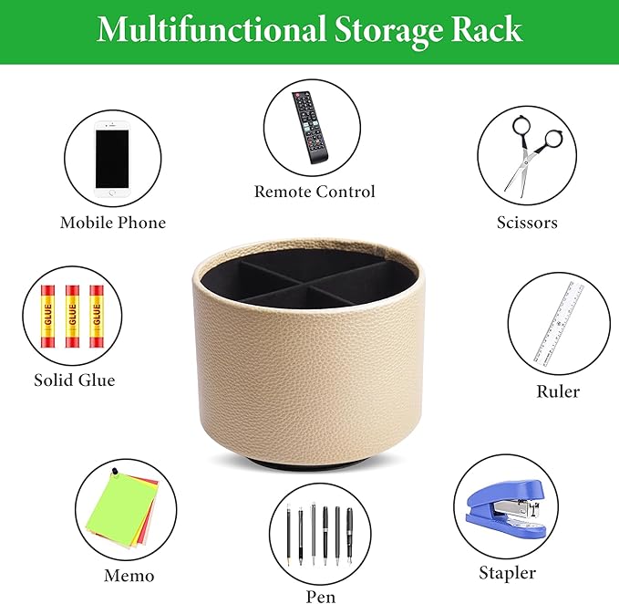 Hennaja Round Leather Art Supply Organizer,Remote Control Holder,360 Degree Spinning,Multi-Functional Pencil Holder,4 Compartments Desktop Stationary Organizer(1-Lichee Gold)