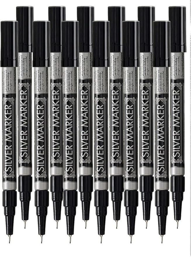Metallic Permanent Paint Markers, Silver, Extra Fine Point (0.5mm), 12 Count, Bundle with Plastic Reusable Pouch