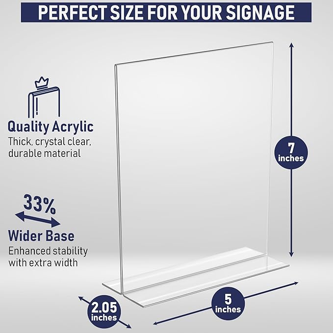 Dasher Products Double-Sided Picture Frame 5x7, 6-Pack Acrylic Clear Frames for Photos, Table Menu Stand, Portrait Ad Display, Bottom-Load Display, and Table Numbers for Weddings or Events