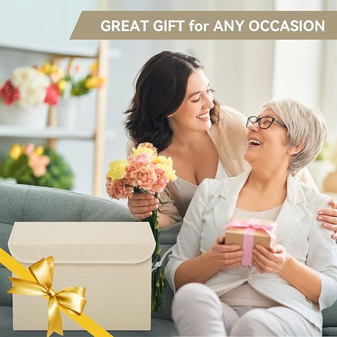 Large 42 Quarts Collapsible Stackable Storage Bins Cube with Lids [3-Pack] Foldable Fabric Linen Storage Boxes, Closet Organizer Baskets with Label for Home (16.7 x 12 x 12", Beige)