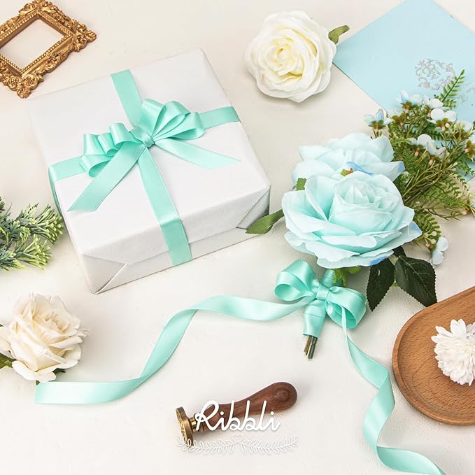 Ribbli Aqua Blue Satin Ribbon 5/8 inch x Continuous 25 Yards,Double Faced Satin Use for Craft, Gift Wrapping, Christmas Ornaments, Hair Bows, Bouquet Bows