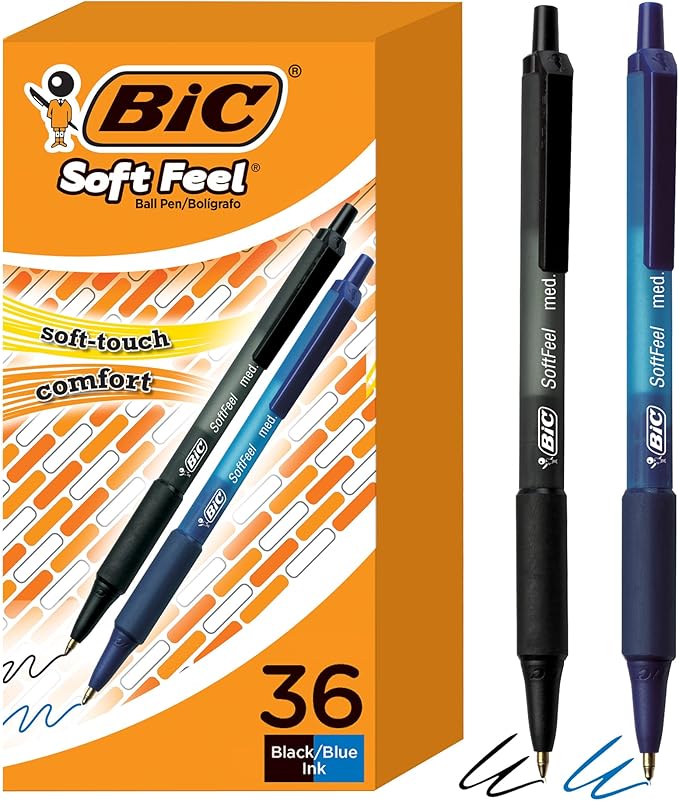 BIC Soft Feel Retractable Ballpoint Pen with 1.0 mm Medium Point and No-Slip Grip, 36-Count in Assorted Ink