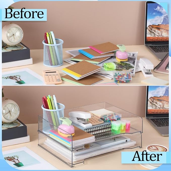 2 Pcs Stackable Letter Tray Rectangular Plastic Desk Organizer 13 x 9.5 x 2.6 in Paper Holder File Tray Accessories Rack for Desktop Office Desk Drawers (Clear)
