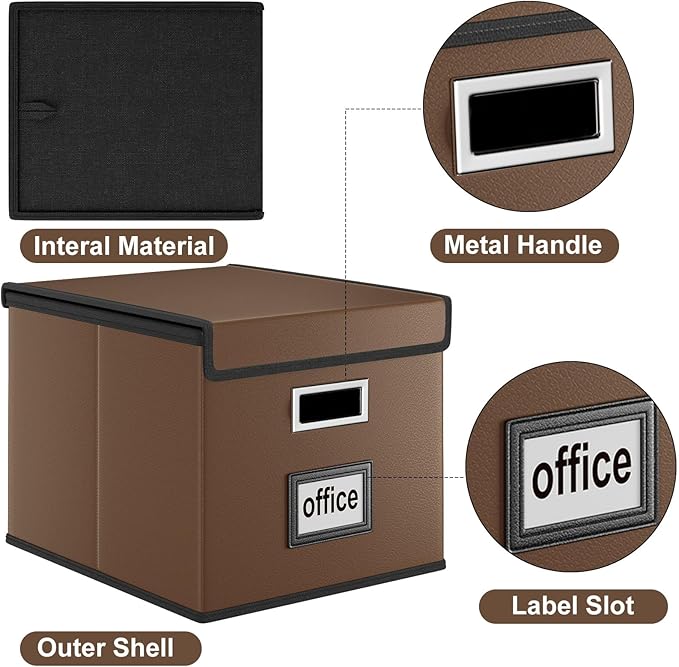 Huolewa File Organizer Box with Lid, Collapsible Leather File Folder Organizer for Office Document Storage, Filing Box with Plastic Slide for Letter/Legal Size Hanging Files, Dark Brown, 4 pack