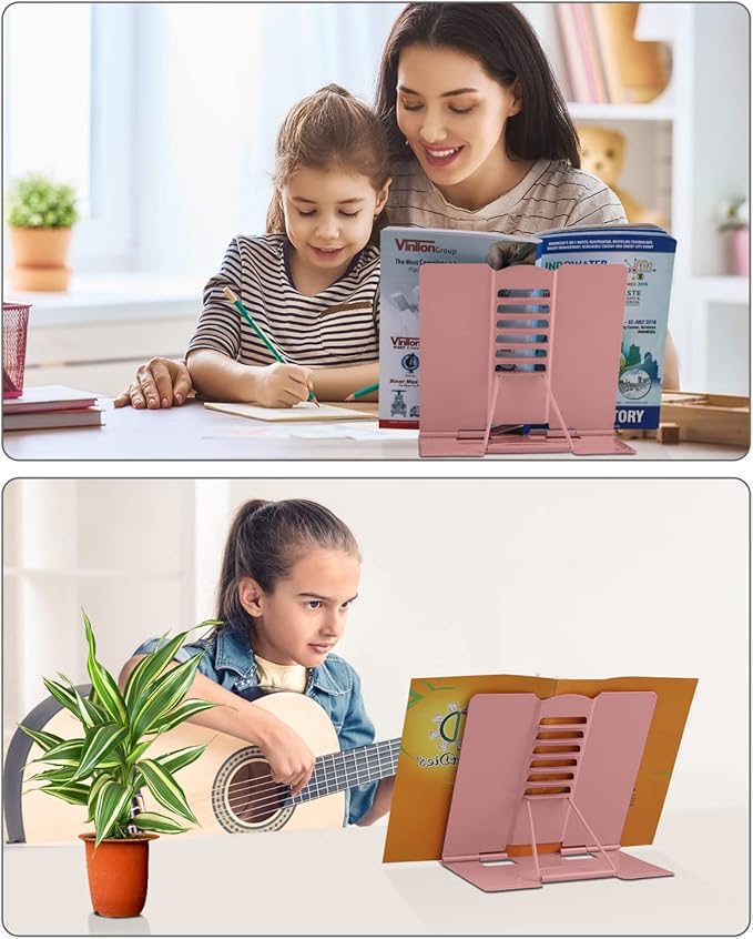 MSDADA Desk Book Stand Holder for Reading, Adjustable Cookbook Stand,Metal Reading Stand for Textbooks Recipes Music Books Tablet, Gifts for Kids Girls 8-12 (Morandi Pink)