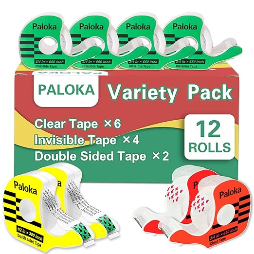 PALOKA Variety Pack Gift Wrapping Tape, 12 Rolls with Dispensers, Includes Invisible Tape, Double-Sided Tape, Clear Tape for Wrapping Paper, Back to School, Home, Office, Christmas, Holiday